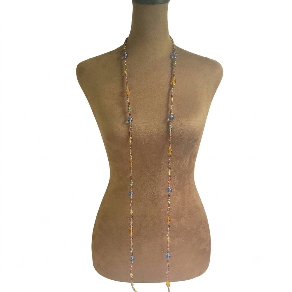 Long 60in Beaded Glass Strand Necklace Purple Amber Blue Gold Tone Whimsical